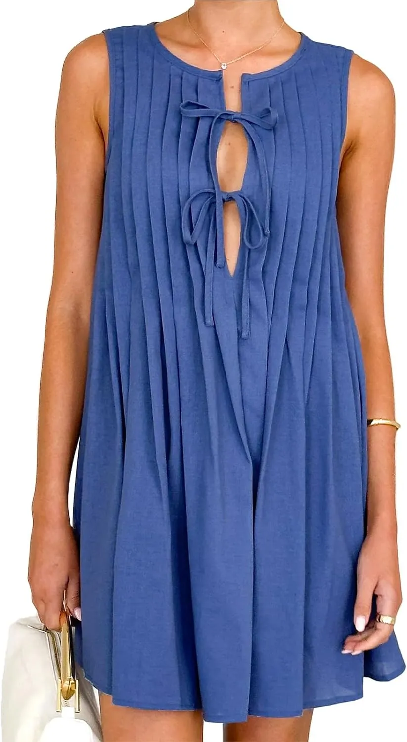 Womens Summer Sleeveless Pleated Dress Tie Front Loose Casual Short Sun Dresses