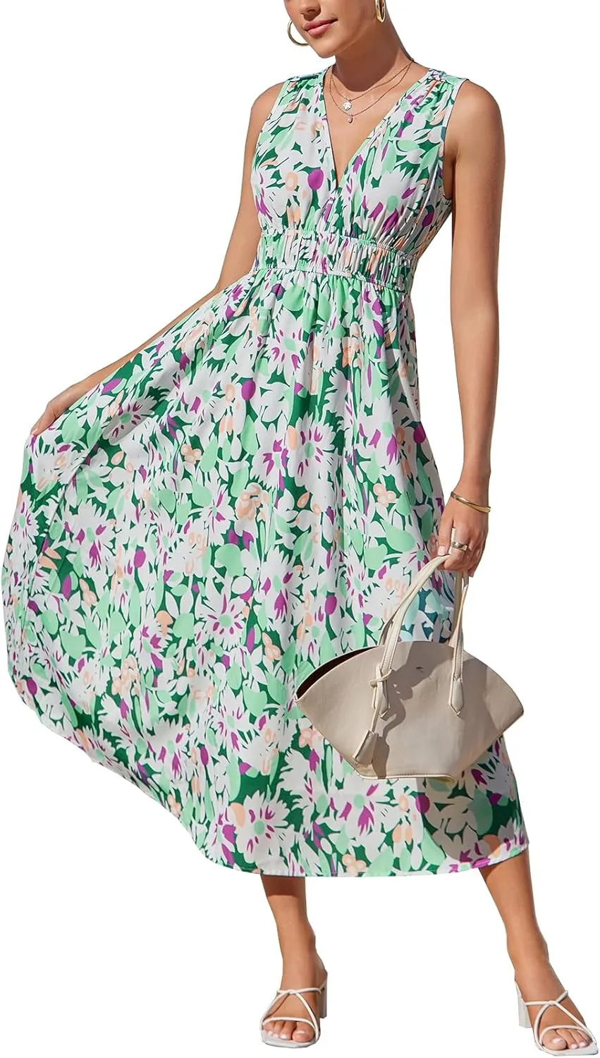 Womens Summer Sleeveless V Neck Boho Long Dress Floral Print Midi Sundress