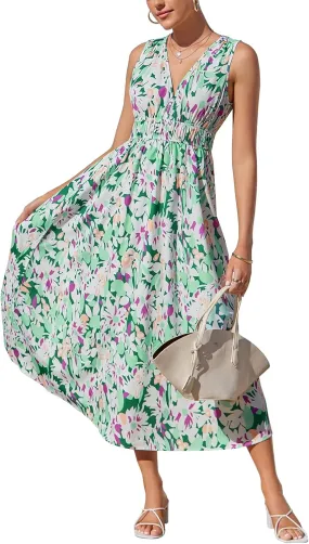 Womens Summer Sleeveless V Neck Boho Long Dress Floral Print Midi Sundress