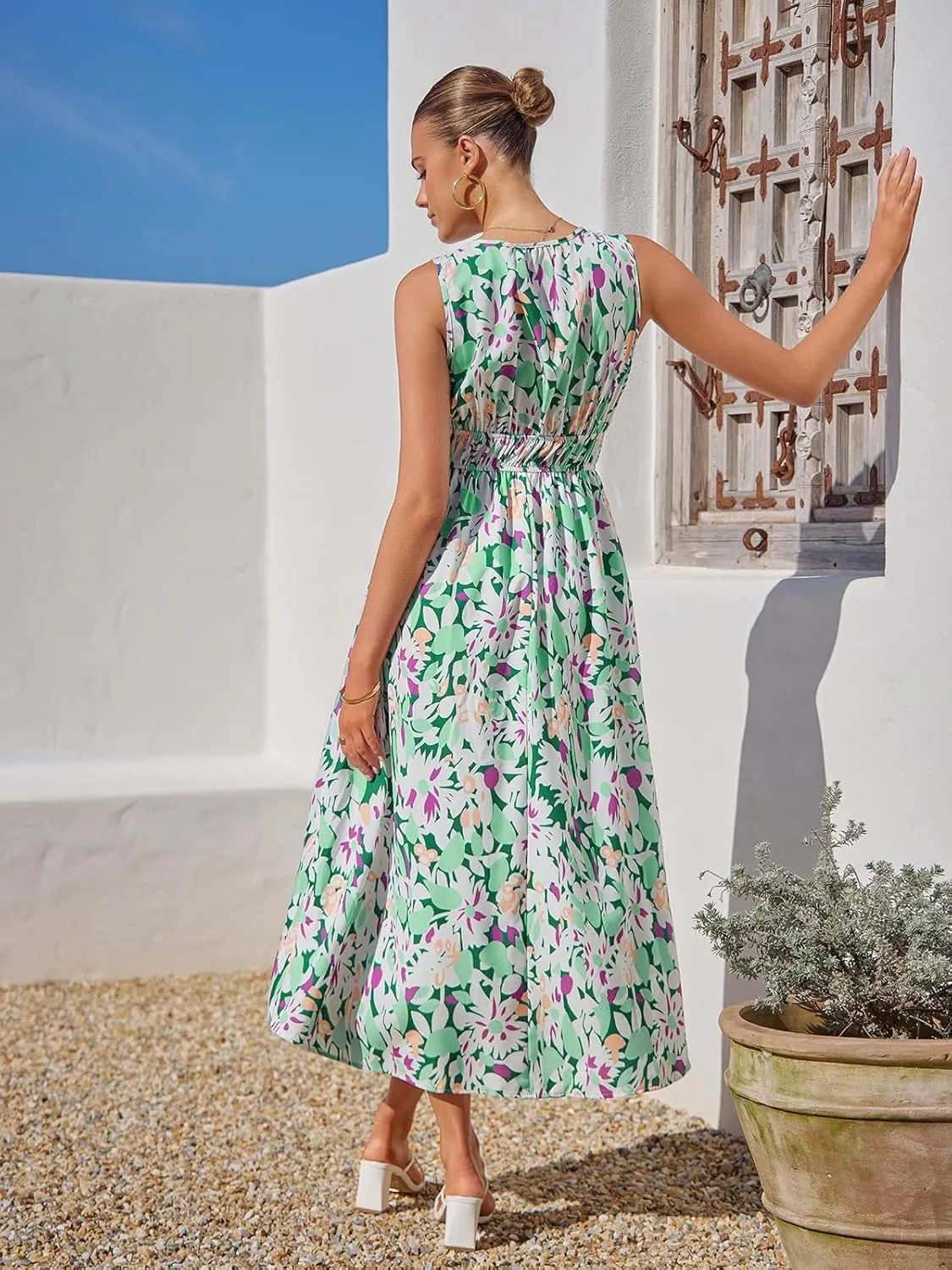 Womens Summer Sleeveless V Neck Boho Long Dress Floral Print Midi Sundress