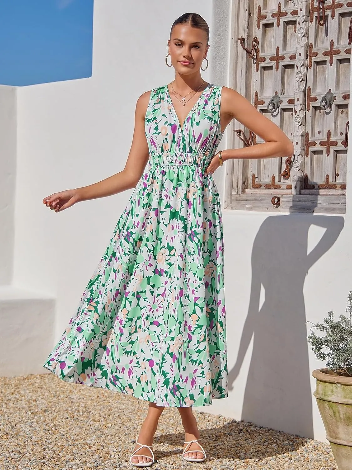 Womens Summer Sleeveless V Neck Boho Long Dress Floral Print Midi Sundress