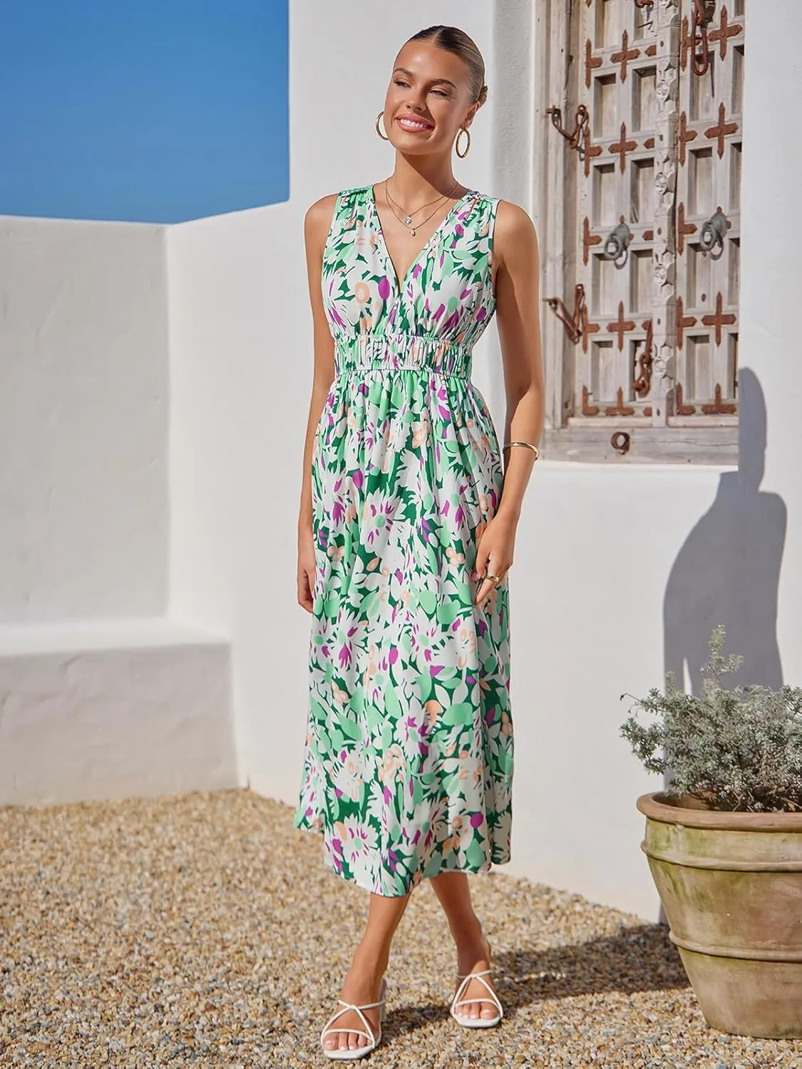 Womens Summer Sleeveless V Neck Boho Long Dress Floral Print Midi Sundress