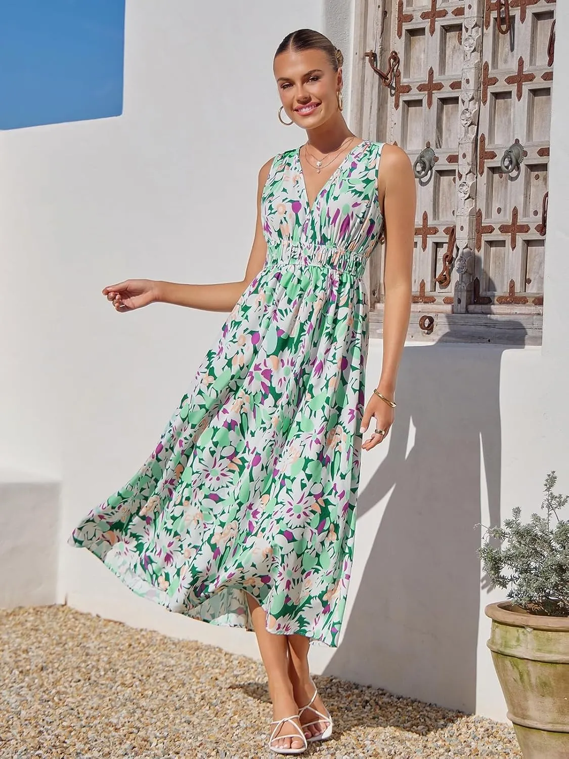Womens Summer Sleeveless V Neck Boho Long Dress Floral Print Midi Sundress