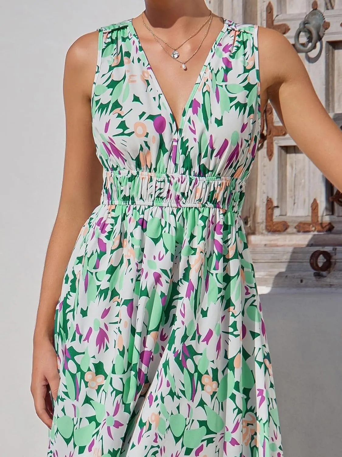 Womens Summer Sleeveless V Neck Boho Long Dress Floral Print Midi Sundress