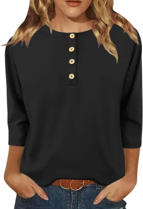 Womens Tops Casual 3/4 Sleeve Shirts Crew Neck Loose Casual Blouses Floral Print Tshirts