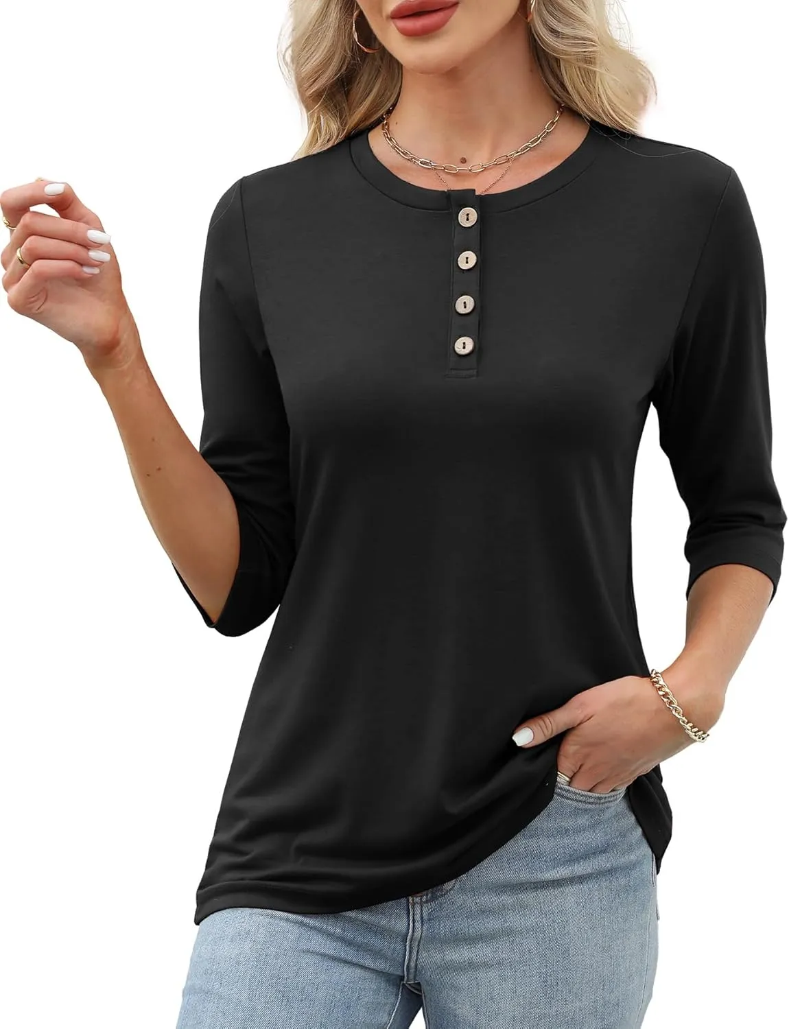 Womens Tops Casual 3/4 Sleeve Shirts Crew Neck Loose Casual Blouses Floral Print Tshirts