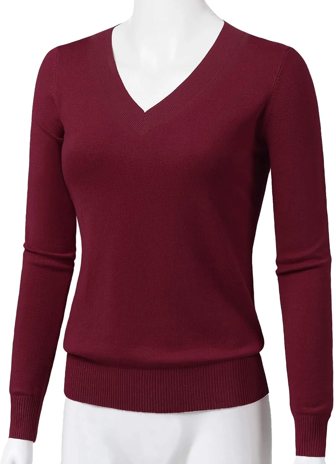 Women's V-Neck Long Sleeve Solid Basic Soft Stretch Pullover Knit Sweater