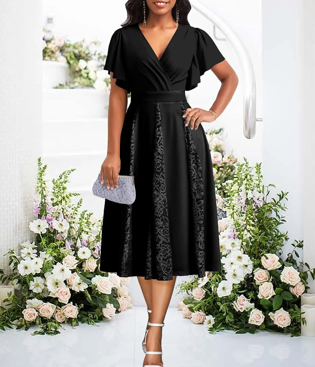 Women's Vintage Tea Dress, Short Sleeve Cocktail Party Dress Work Church Casual Dress