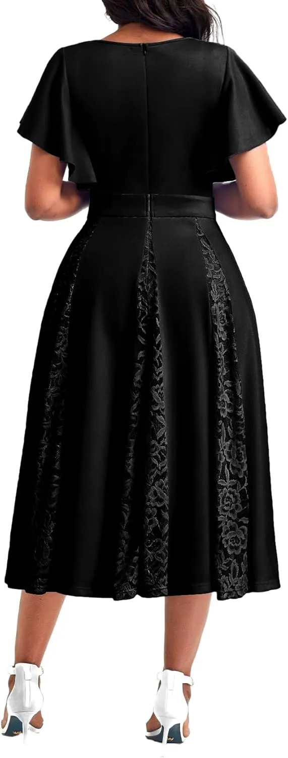 Women's Vintage Tea Dress, Short Sleeve Cocktail Party Dress Work Church Casual Dress