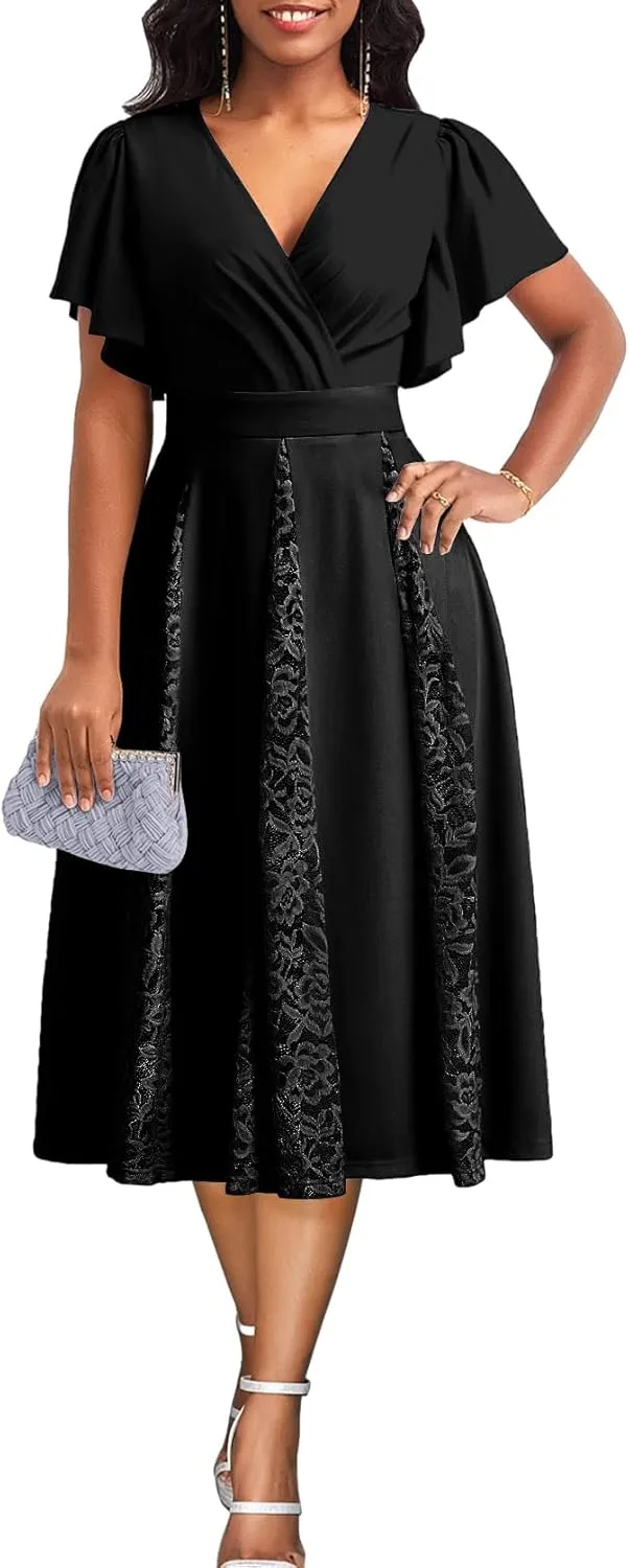 Women's Vintage Tea Dress, Short Sleeve Cocktail Party Dress Work Church Casual Dress