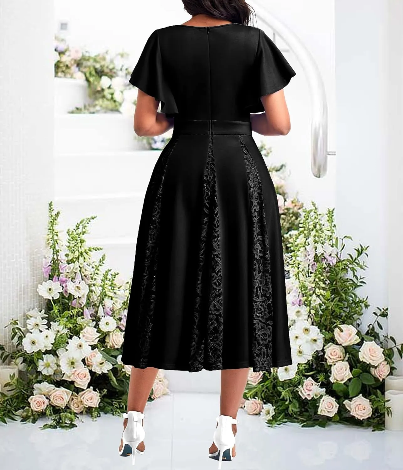 Women's Vintage Tea Dress, Short Sleeve Cocktail Party Dress Work Church Casual Dress