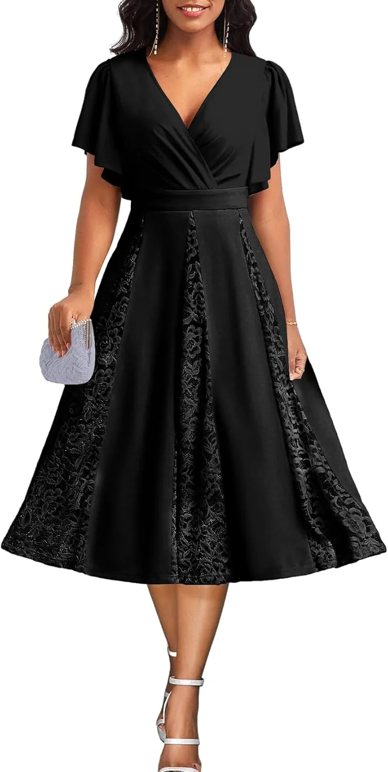 Women's Vintage Tea Dress, Short Sleeve Cocktail Party Dress Work Church Casual Dress