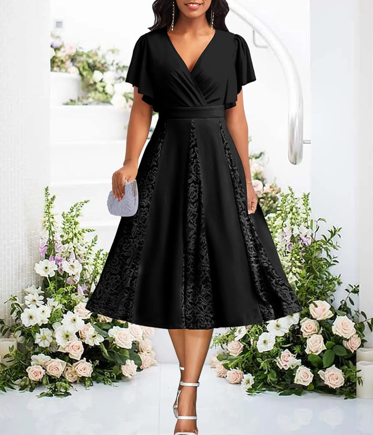 Women's Vintage Tea Dress, Short Sleeve Cocktail Party Dress Work Church Casual Dress
