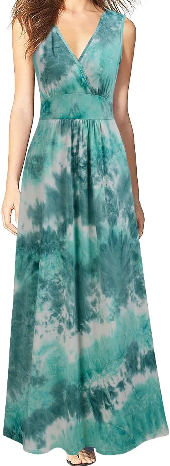 WOOSEA Women Sleeveless Deep V Neck Loose Plain Long Maxi Casual Dress