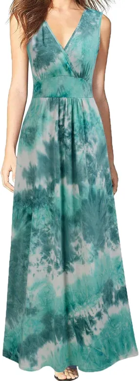WOOSEA Women Sleeveless Deep V Neck Loose Plain Long Maxi Casual Dress