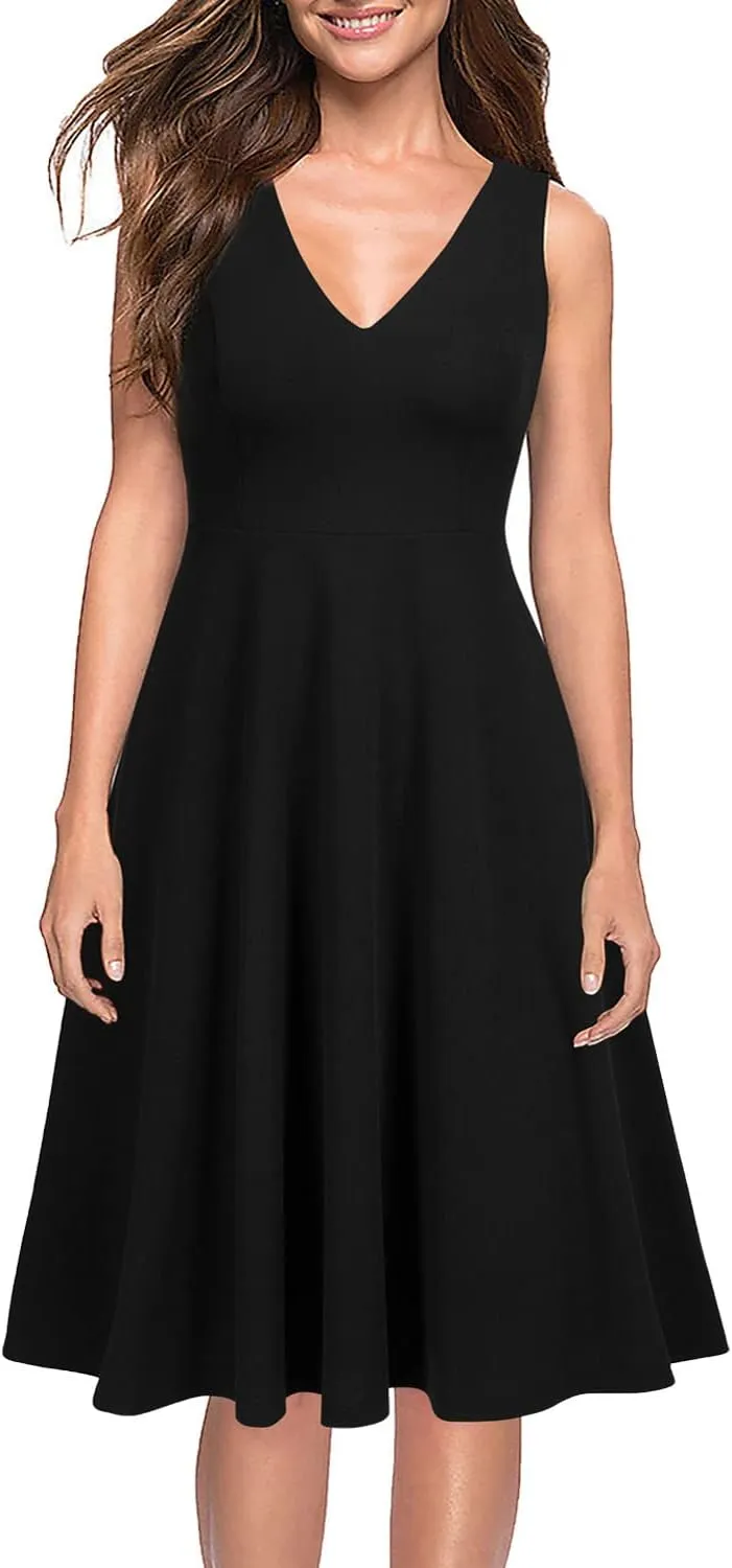 WOOSEA Women's Sleeveless V Neck Vintage Pockets Swing Business Church Dress