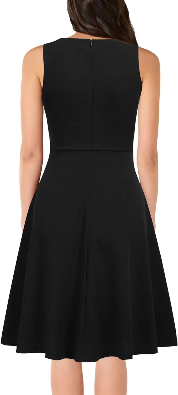 WOOSEA Women's Sleeveless V Neck Vintage Pockets Swing Business Church Dress