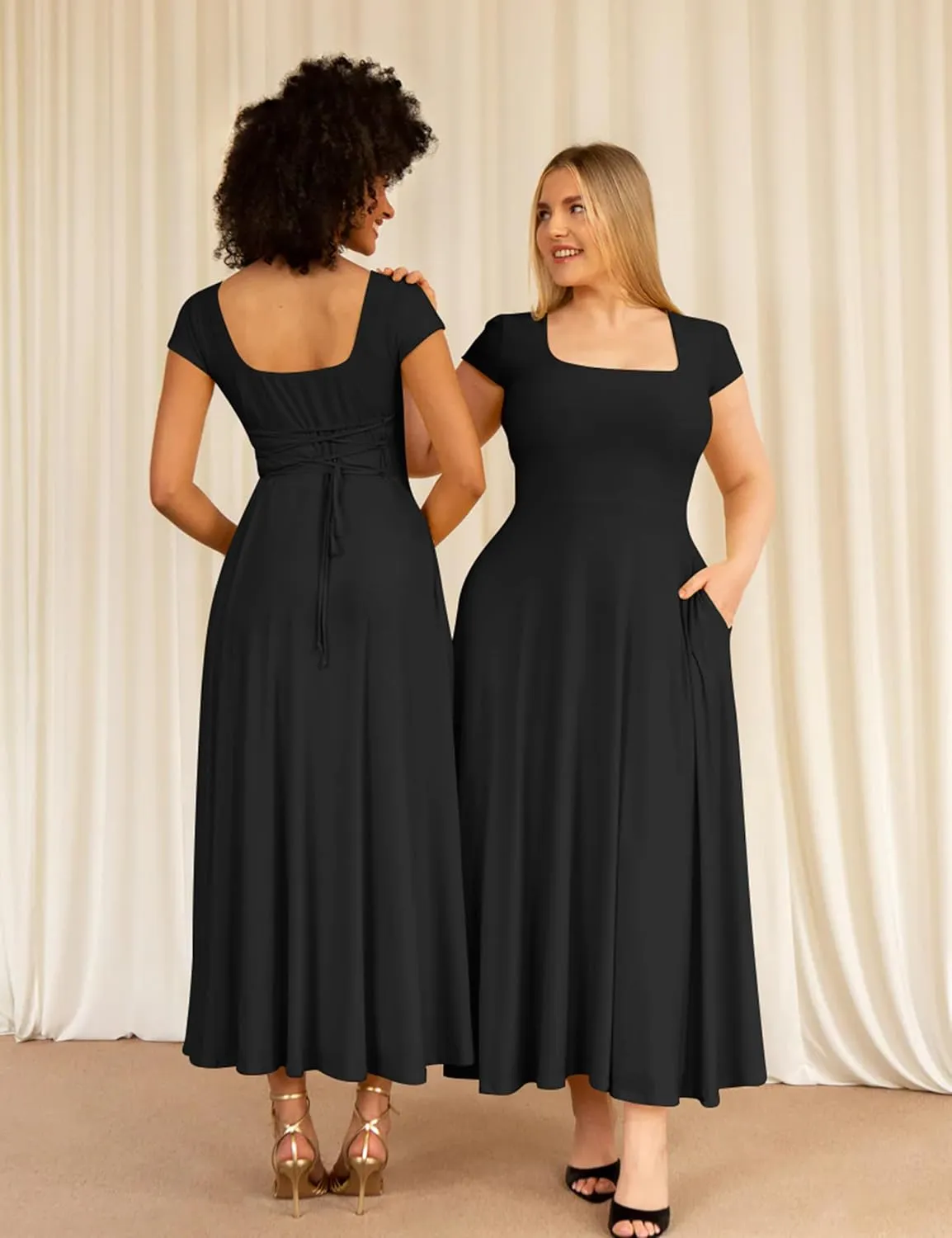 YMDUCH Women's Casual Short Sleeve Square Neck Solid Slim Flowy Maxi Dress with Pockets