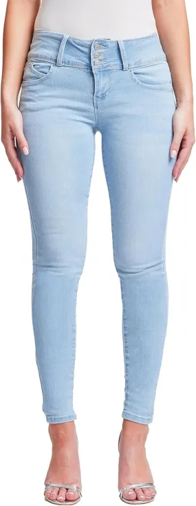 YMI Womens Wannabettabutt 3 Button Mid-Rise Skinny Jean Made with Recycled Fibers