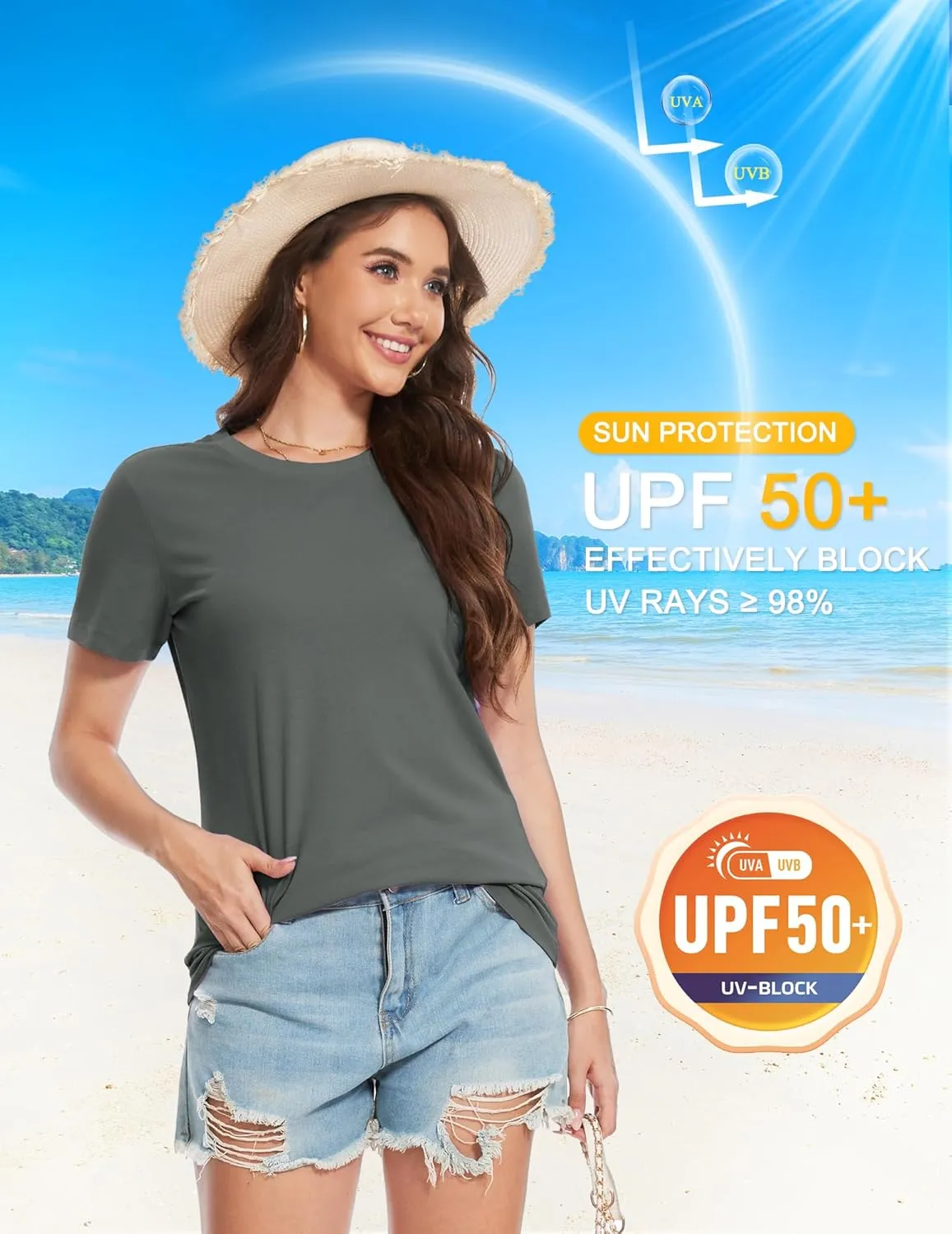 YUCOLEN Women's Cotton Short Sleeve Shirts UPF 50  Soft Breathable Crew Neck T-Shirts Basic Tops