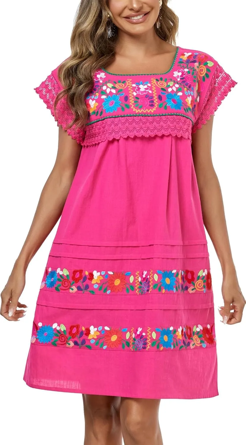 YZXDORWJ Women Embroidered Mexican Peasent Lace Short Sleeves Dress