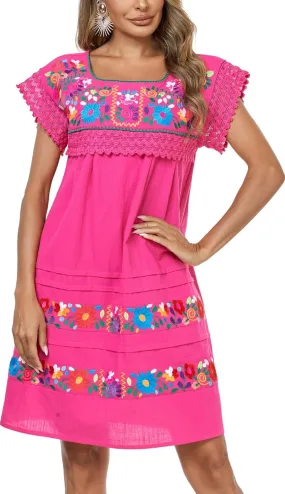 YZXDORWJ Women Embroidered Mexican Peasent Lace Short Sleeves Dress