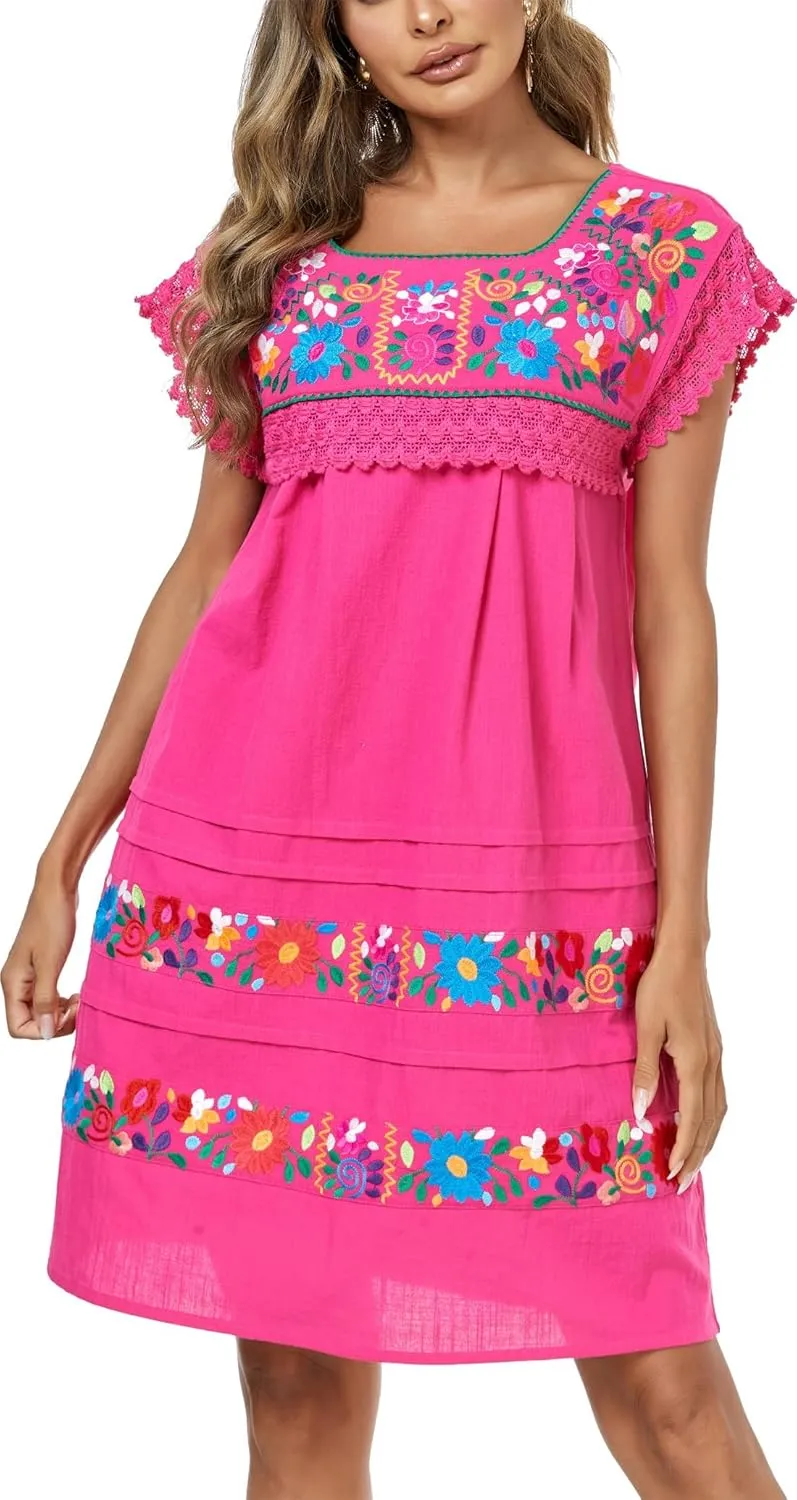 YZXDORWJ Women Embroidered Mexican Peasent Lace Short Sleeves Dress