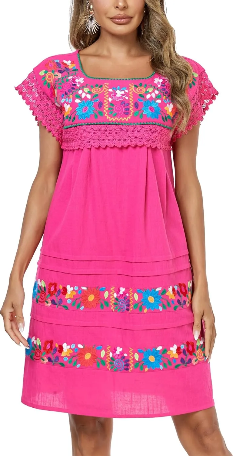 YZXDORWJ Women Embroidered Mexican Peasent Lace Short Sleeves Dress