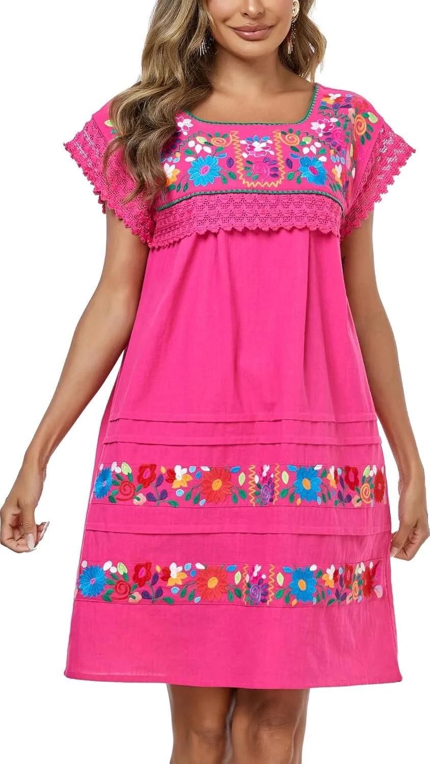YZXDORWJ Women Embroidered Mexican Peasent Lace Short Sleeves Dress