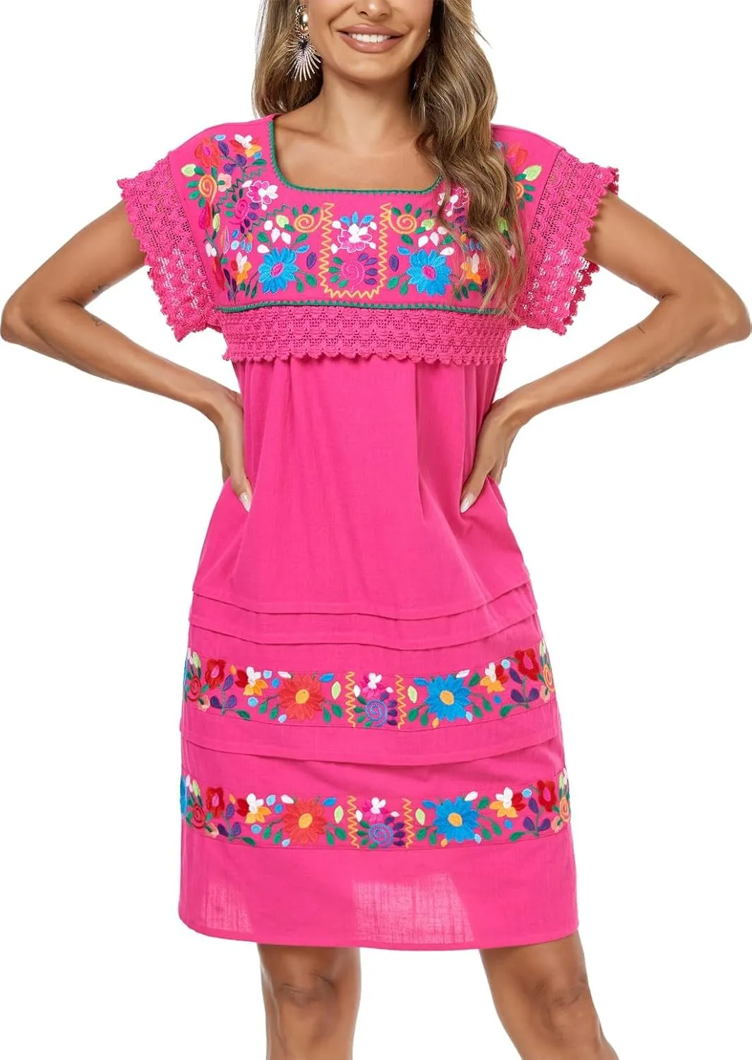 YZXDORWJ Women Embroidered Mexican Peasent Lace Short Sleeves Dress
