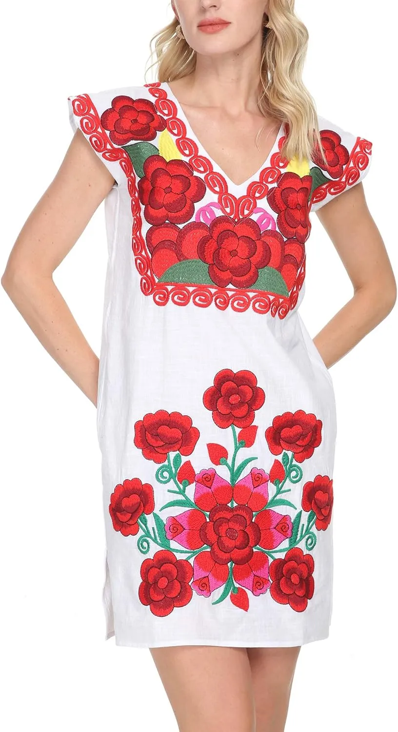 YZXDORWJ Women Mexican Embroidered Dress Ruffle Collar Sleeveless