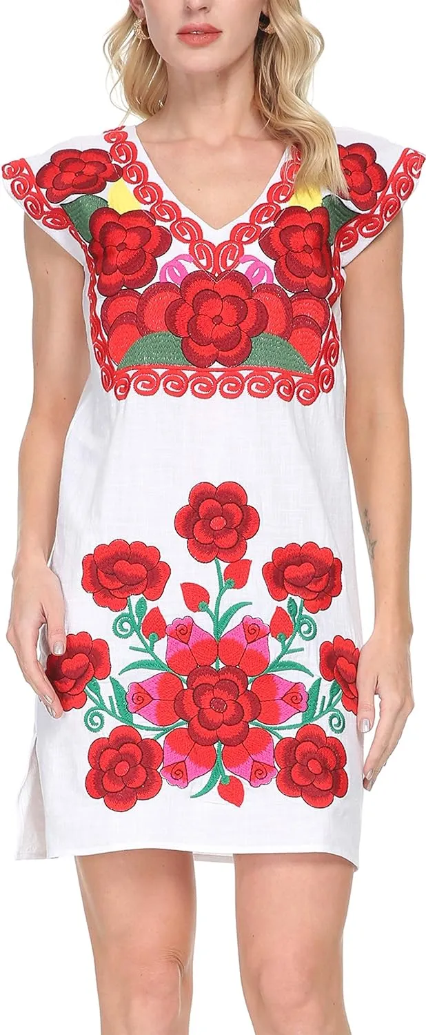 YZXDORWJ Women Mexican Embroidered Dress Ruffle Collar Sleeveless