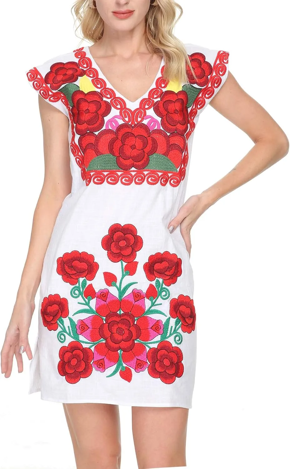 YZXDORWJ Women Mexican Embroidered Dress Ruffle Collar Sleeveless