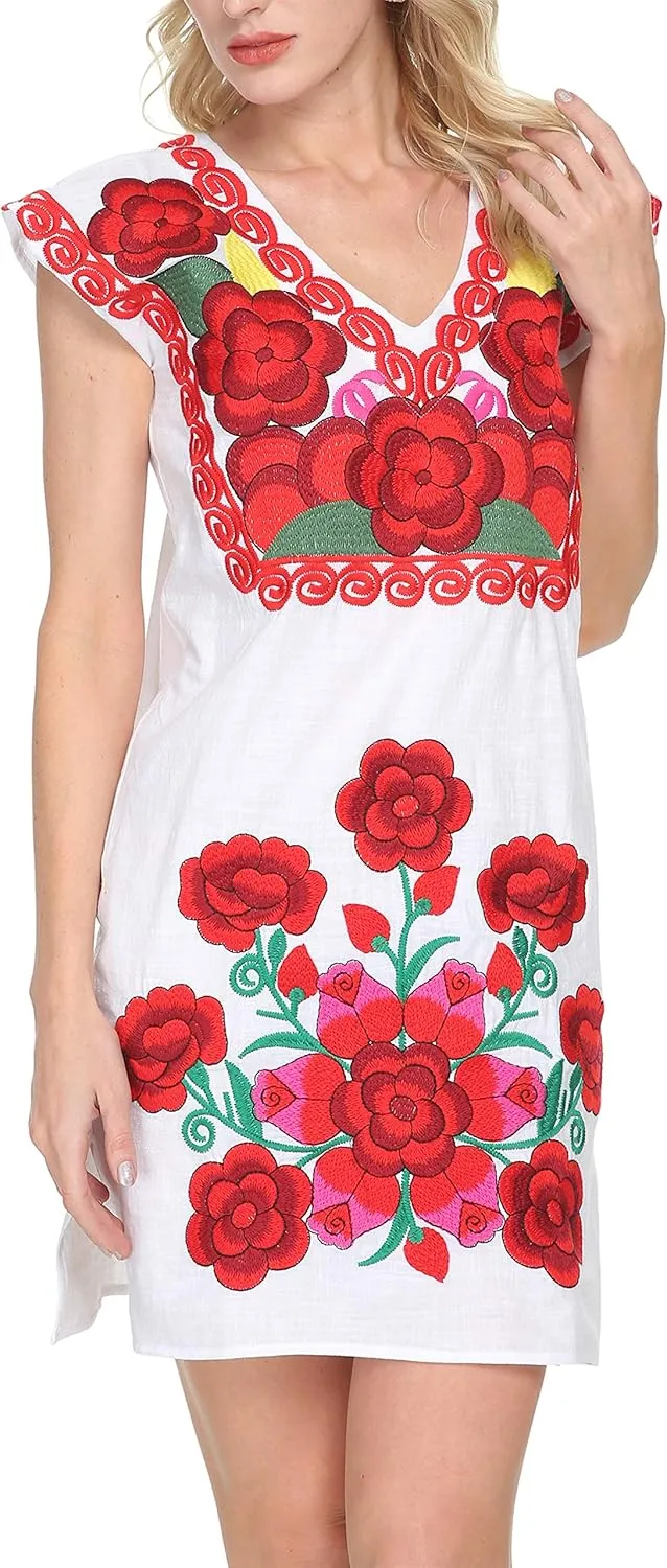 YZXDORWJ Women Mexican Embroidered Dress Ruffle Collar Sleeveless