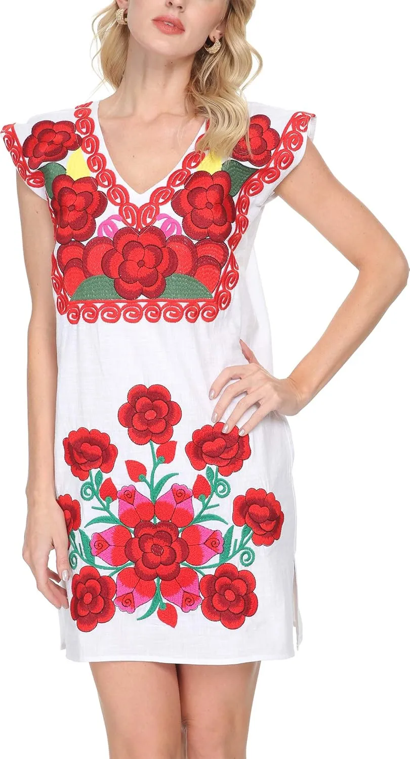 YZXDORWJ Women Mexican Embroidered Dress Ruffle Collar Sleeveless