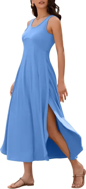 ZAFUL U Neck Backless Split Flowy Maxi Casual Tank Dress
