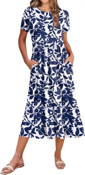 Zeagoo Women Summer Midi A Line Dress Short Sleeve Casual Flowy Tiered Beach Long Sundress with Pockets 2025 Vacation Travel