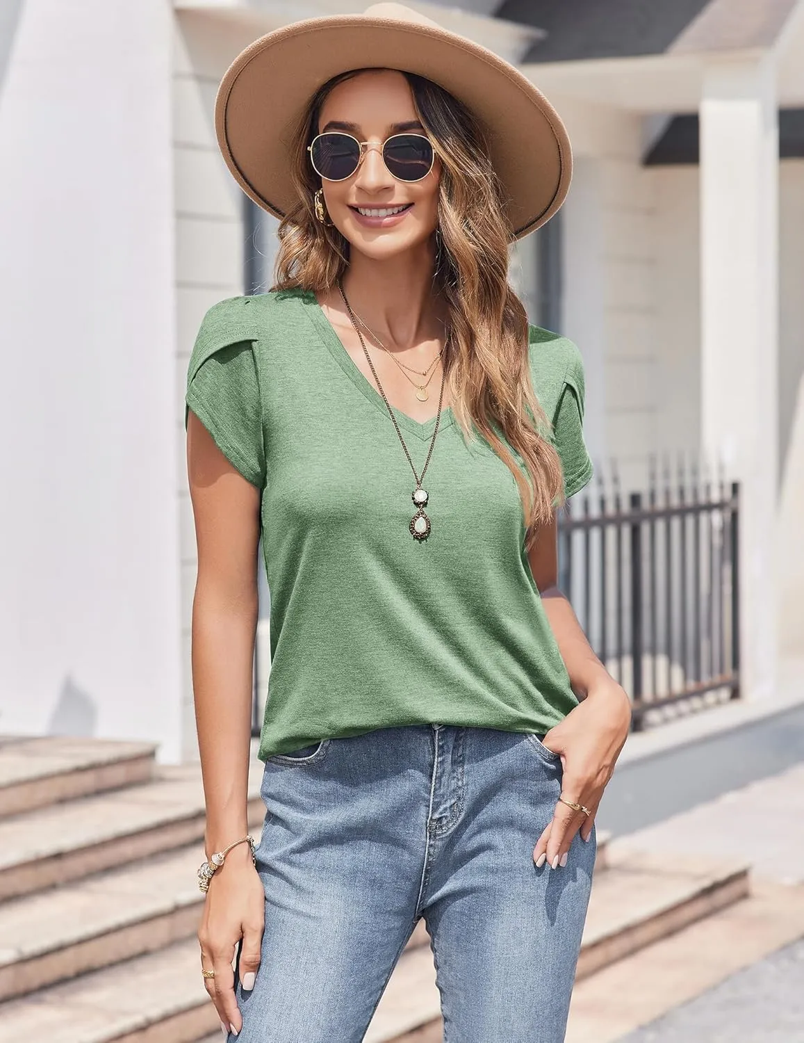 Zeagoo Womens Shirts Casual Short Sleeve Tees Dressy Casual Patel Blouses V Neck Summer Tops