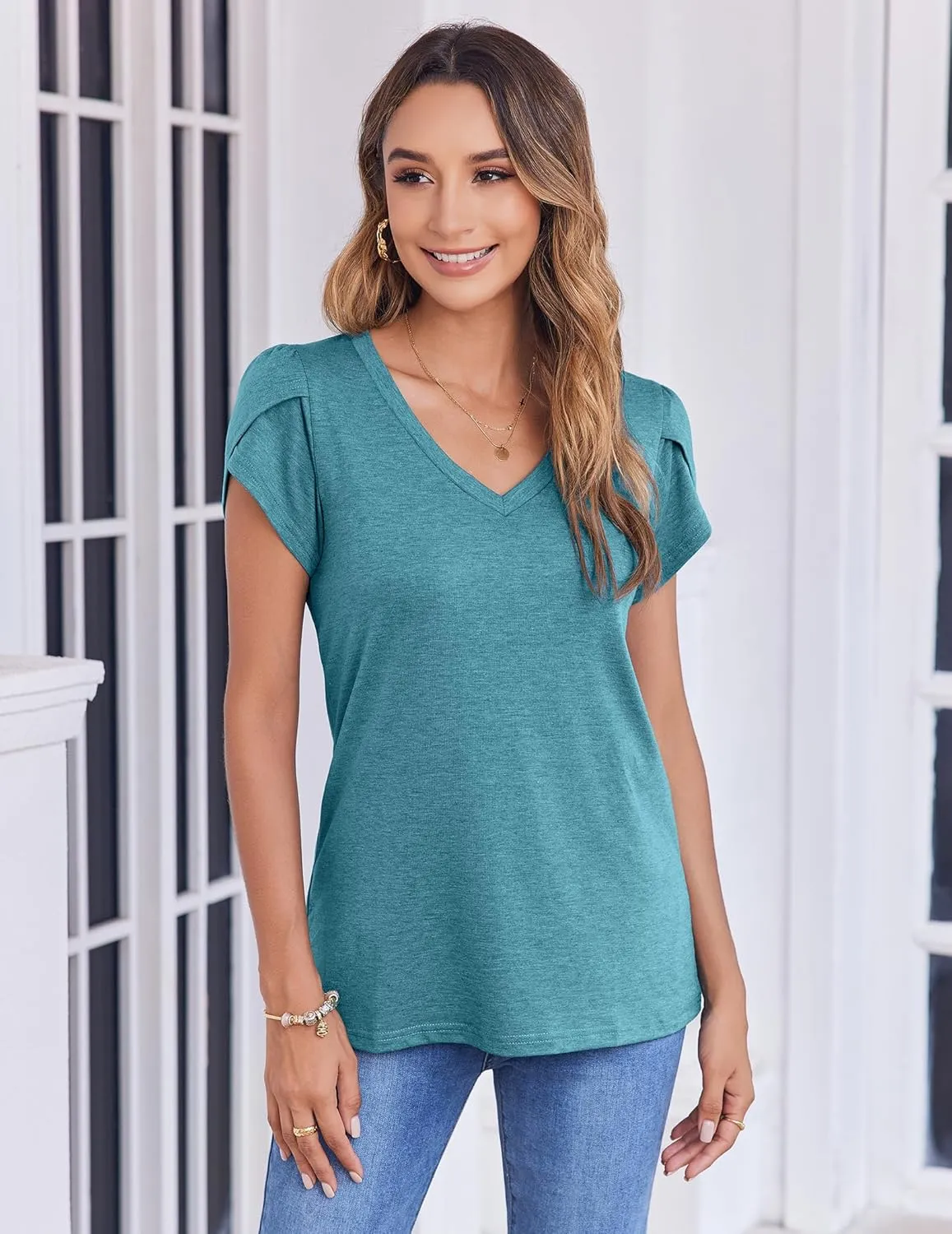 Zeagoo Womens Shirts Casual Short Sleeve Tees Dressy Casual Patel Blouses V Neck Summer Tops