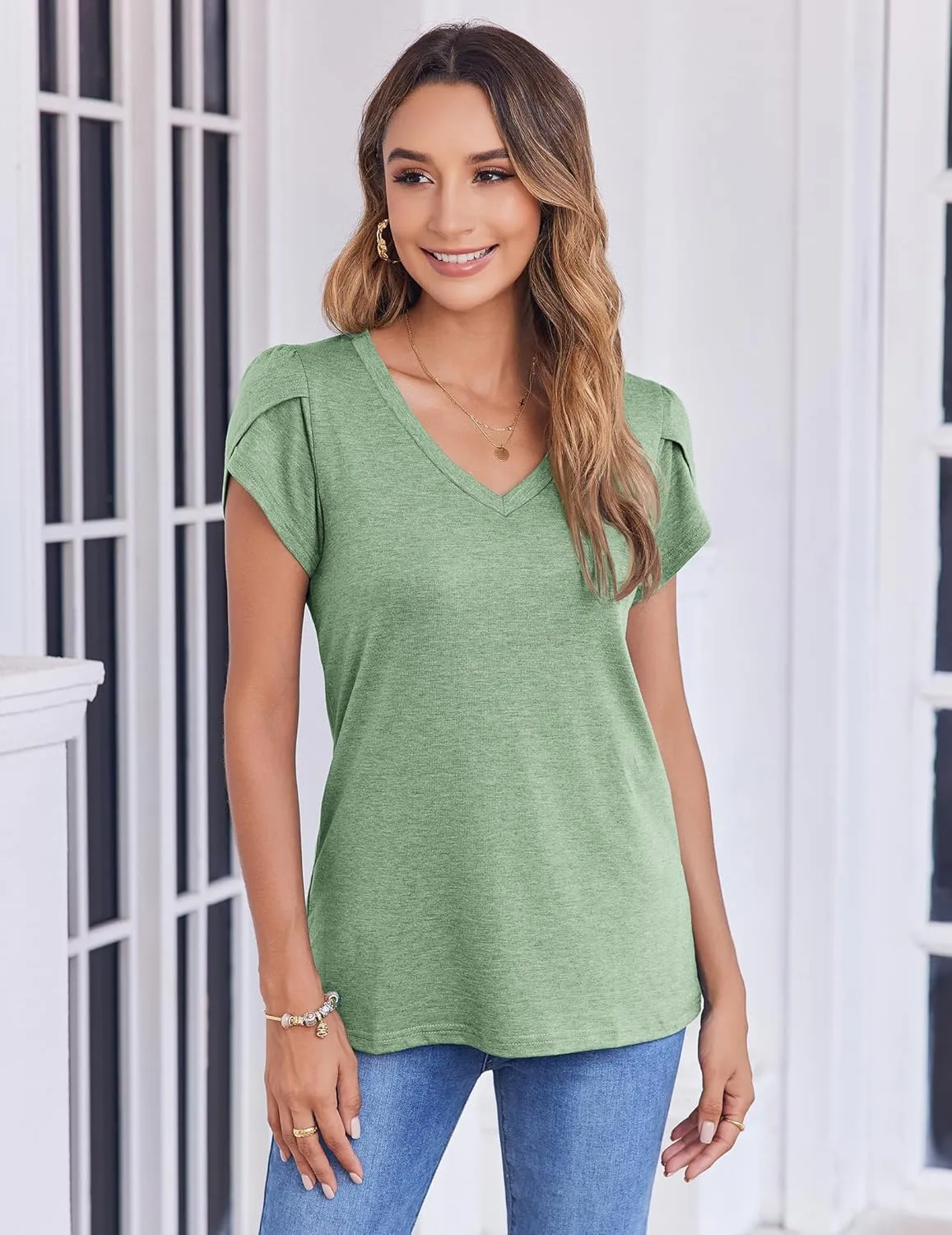Zeagoo Womens Shirts Casual Short Sleeve Tees Dressy Casual Patel Blouses V Neck Summer Tops