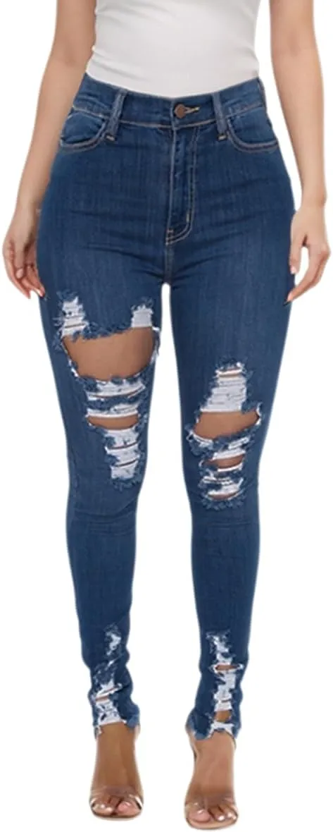 ZERMOM Ripped Skinny Jeans for Women Destroyed Mid Rise Stretch Denim Pants
