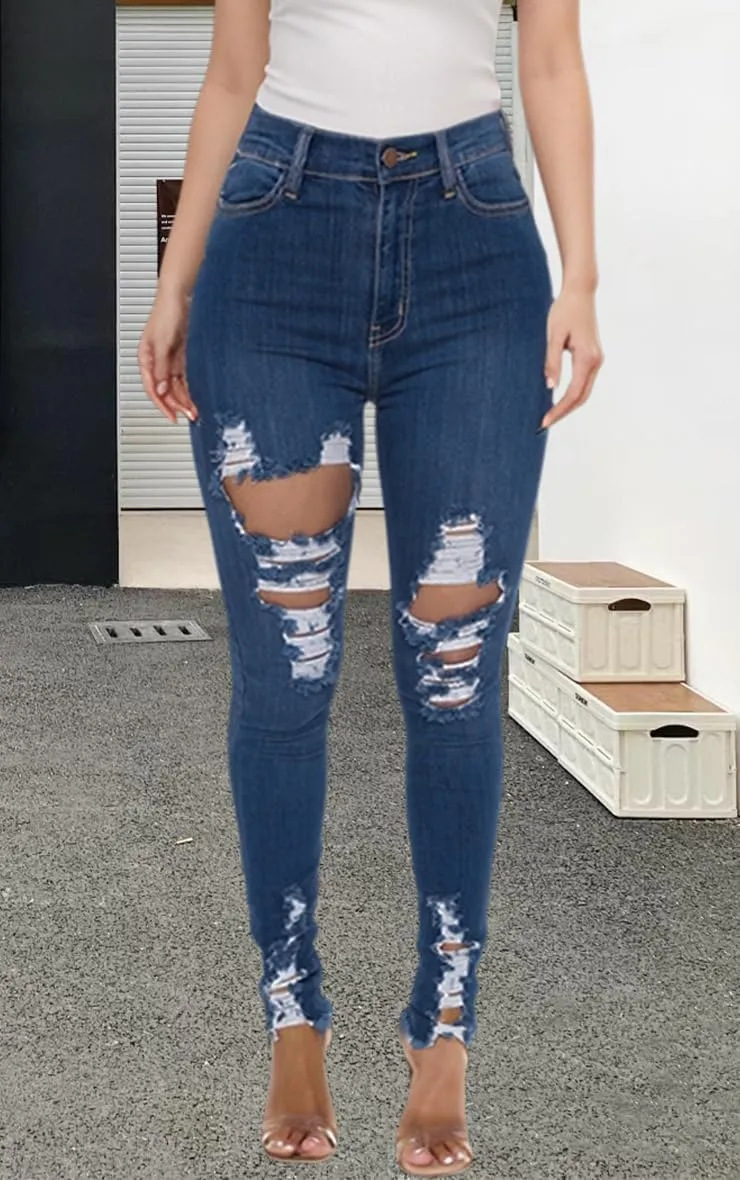 ZERMOM Ripped Skinny Jeans for Women Destroyed Mid Rise Stretch Denim Pants