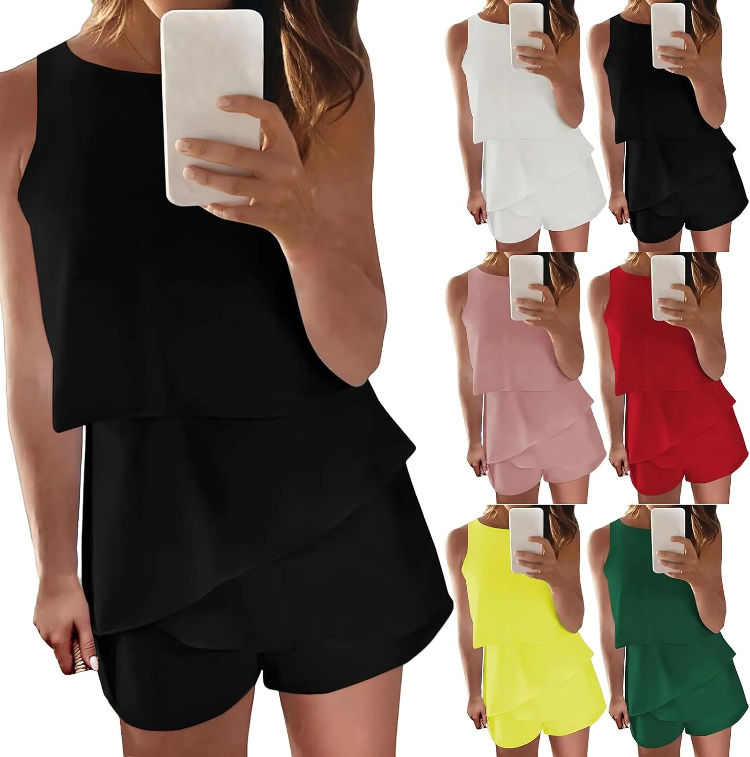 ZWRXW Womens Summer Jumpsuits Casual Dressy Shorts Jumpsuit Ruffle Chiffon Sleeveless Rompers Travel Beach Vacation Outfits