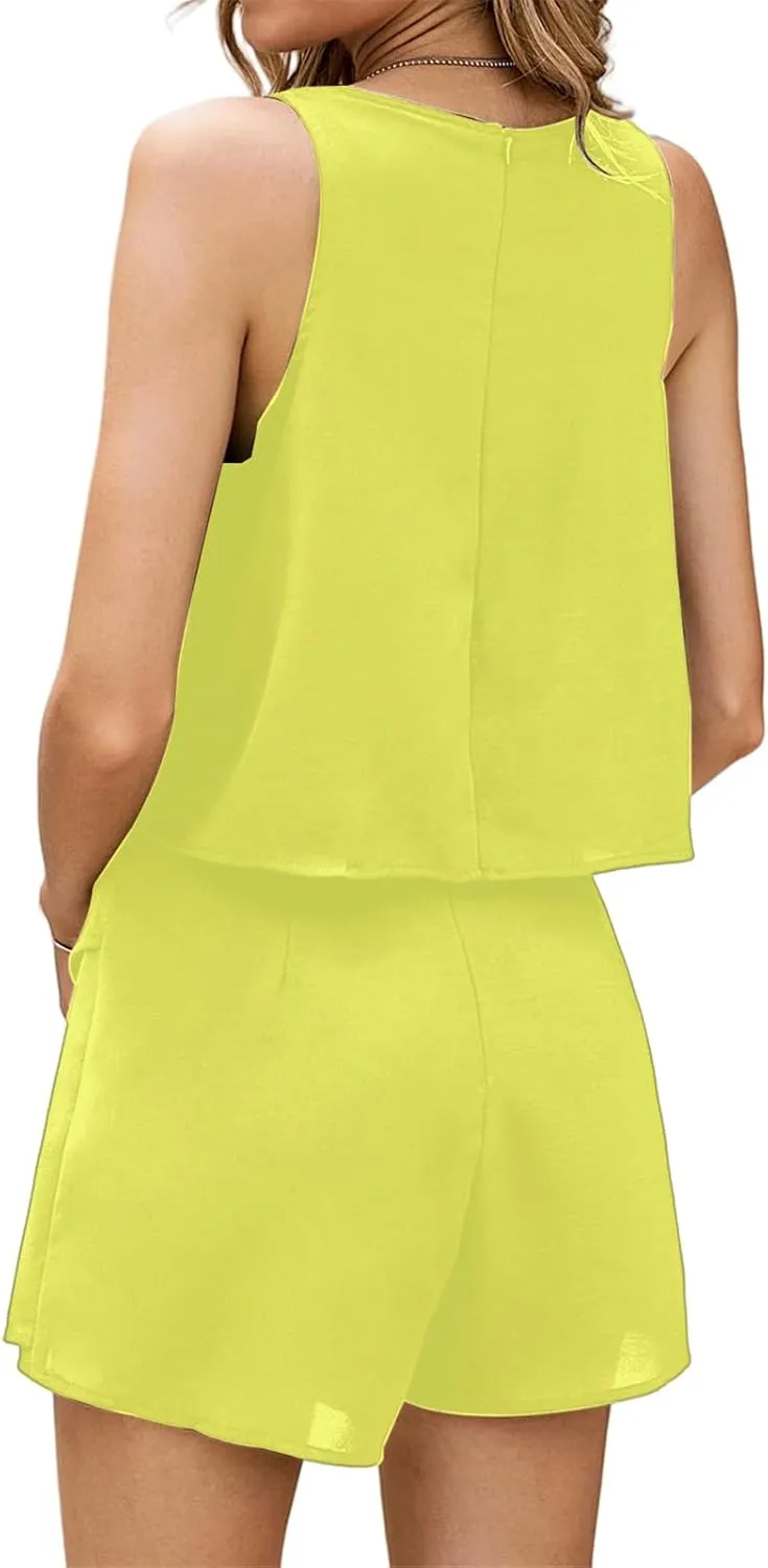 ZWRXW Womens Summer Jumpsuits Casual Dressy Shorts Jumpsuit Ruffle Chiffon Sleeveless Rompers Travel Beach Vacation Outfits